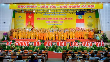 Tân Ban Trị sự GHPGVN tỉnh Vĩnh Long, nhiệm kỳ 2026-2031 ra mắt đại hội - Ảnh: Tâm Quý/BGN