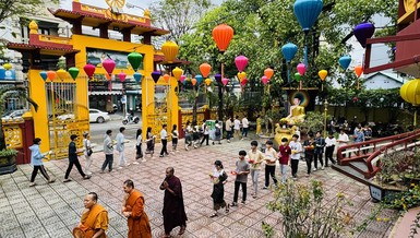 Chư Tăng hướng dẫn các bạn sinh viên Lào thiền hành