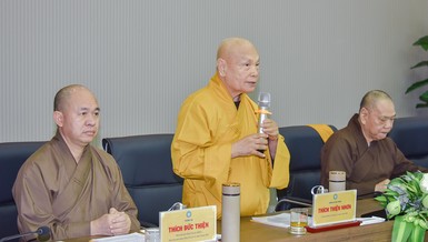 Trưởng lão Hòa thượng Thích Thiện Nhơn phát biểu khai mạc phiên họp mở rộng của Ban Thư ký Đại lễ Vesak Liên Hiệp Quốc 2025 chiều 13-9 - Ảnh: Quảng Đạo/BGN