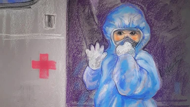 Hình ảnh của cháu bé 5 tuổi không may nhiễm SARS CoV-2 hồn nhiên và mạnh mẽ mang lại tinh thần mới với thông điệp "Đừng quá lo âu, sợ hãi" (trích ký họa của Lê Sa Long)