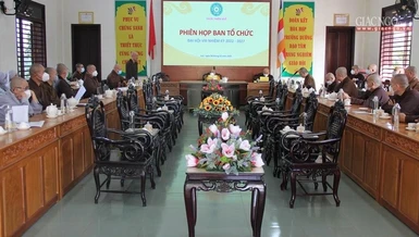 Quang cảnh phiên họp của Ban Tổ chức Đại hội đại biểu Phật giáo tỉnh Thừa Thiên Huế sáng 4-3-2022