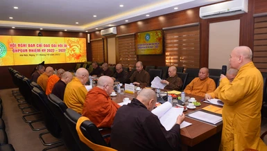 Phiên họp của Ban Chỉ đạo Trung ương Đại hội Phật giáo nhiệm kỳ 2022-2027 tại trụ sở Trung ương GHPGVN tại Hà Nội - Ảnh: Đăng Huy