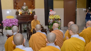 Chư Ni trưởng, Ni sư Thường trực Phân ban Ni giới T.Ư và TP.HCM trước Đức Pháp chủ GHPGVN - Ảnh: Bảo Toàn/BGN