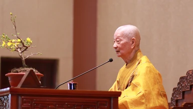 Đại lão Hòa thượng Thích Trí Quảng có thời khai pháp đầu năm Ất Tỵ - 2025 vào sáng mùng 3 Tết, tại chùa Huê Nghiêm, TP.Thủ Đức - Ảnh: Nguyện Truyền/BGN