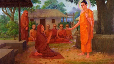 Nữ Tôn giả Đại Ái Đạo (Mahāprajāpatī Gotamī) cùng chư Ni trước Đức Phật - Tranh minh họa nước ngoài
