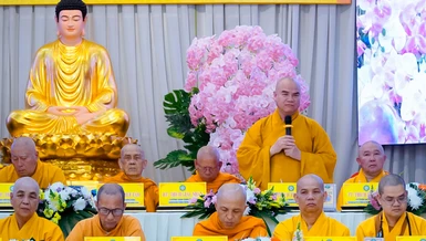 Thượng tọa Thích Tĩnh Triệt, Trưởng ban Trị sự GHPGVN tỉnh Đồng Tháp phát biểu tại hội nghị