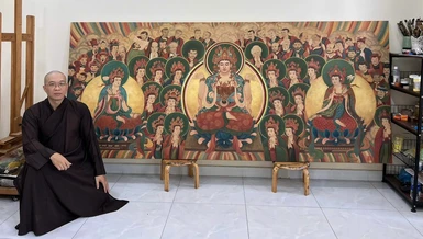 Một tác phẩm sơn dầu của họa sĩ Lê Sơn khắc họa hình tượng chư Phật, Bồ-tát và Thánh chúng