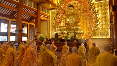 Chư tôn đức thành kính đảnh lễ Tam bảo tại chánh điện Việt Nam Quốc Tự