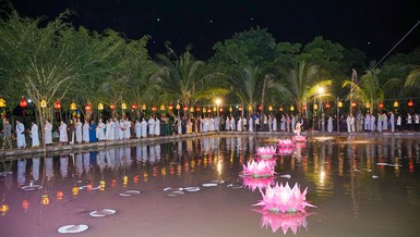 Thiết trí 7 đóa hoa sen trên hồ Tĩnh Lặng trong khuôn viên chùa Bửu Thọ cúng dường Phật đản