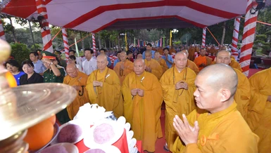 Chư tôn đức Ban Trị sự tỉnh dâng hương anh hùng, liệt sĩ Nghĩa trang Đồi 82, xã Tân Biên