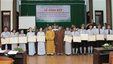 Chư tôn đức Ban Hướng dẫn Phật tử tỉnh trao ghi nhận công đức đến Phân ban Gia đình Phật tử tỉnh 