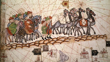 Hành trình trên Con đường tơ lua, tranh của Abraham Cresques (1325-1387), được minh họa trên giấy da, Paris, Pháp, 1375