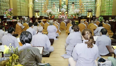 Chùa Bồ Đề Lan Nhã khai kinh Dược Sư chiều mùng 1 Tết, với hơn 60 Phật tử trì tụng - Ảnh: Hạnh Ý/ Báo Giác Ngộ 