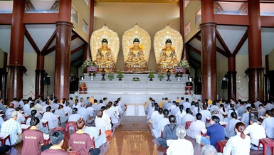Phật tử trì tụng kinh trong khóa tu Ngày an lạc tổ chức tại chùa Thanh Tâm (H.Bình Chánh, TP.HCM)