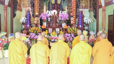 Trang nghiêm Lễ tưởng niệm Quốc sư Thích Phước Huệ và Trưởng lão Hòa thượng Thích Bảo An tại chùa Giác Uyển (P.Phú Nhuận, TP.HCM) - Ảnh: Nguyên Tài/BGN