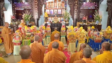 Trang nghiêm khóa lễ cung tiến Giác linh Hòa thượng Thích Minh Tâm tại tổ đường chùa Trùng Khánh (P.Ninh Chử, tỉnh Khánh Hòa) - Ảnh: Nguyên Tài/BGN