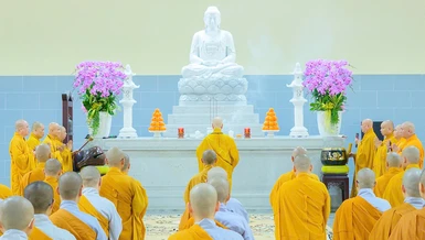 Trang nghiêm Lễ an vị tôn tượng Đức Phật Thích Ca nơi trai đường Cơ sở II - Học viện Phật giáo VN tại TP.HCM - Ảnh: Tâm Quý/BGN