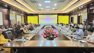 Quang cảnh Hội nghị tiếp xúc, trao đổi về công tác quản lý nhà nước đối với Phật giáo trên địa bàn tỉnh Thái Nguyên
