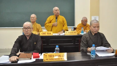 Chư tôn đức trong phiên họp triển khai công tác Phật sự của Ban Trị sự Phật giáo tỉnh Tiền Giang
