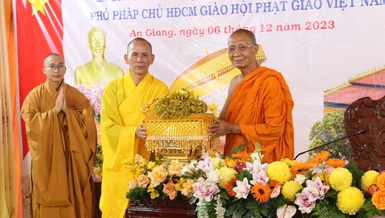 Hòa thượng Thích Thiện Thống dâng y chúc thọ lên Trưởng lão Hòa thượng Chau Ty, Phó Pháp chủ GHPGVN