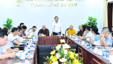 Đoàn công tác Thành ủy TP.HCM có buổi làm việc với Hội đồng Điều hành Học viện Phật giáo VN tại TP.HCM về công tác chuẩn bị cho Đại lễ Vesak Liên Hiệp Quốc 2025 vào sáng nay, 20-4