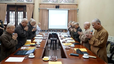 Phiên họp của Hội đồng Điều hành Học viện Phật giáo VN tại TP.HCM chiều ngày 19-8 tại Cơ sở I - Ảnh: Quảng Hậu/BGN