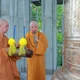 Đức Pháp chủ đánh tiếng chuông đầu tiên trong Lễ khai đại hồng chung tại chùa Thanh Tâm - Ảnh: Trung Thắng/BGN