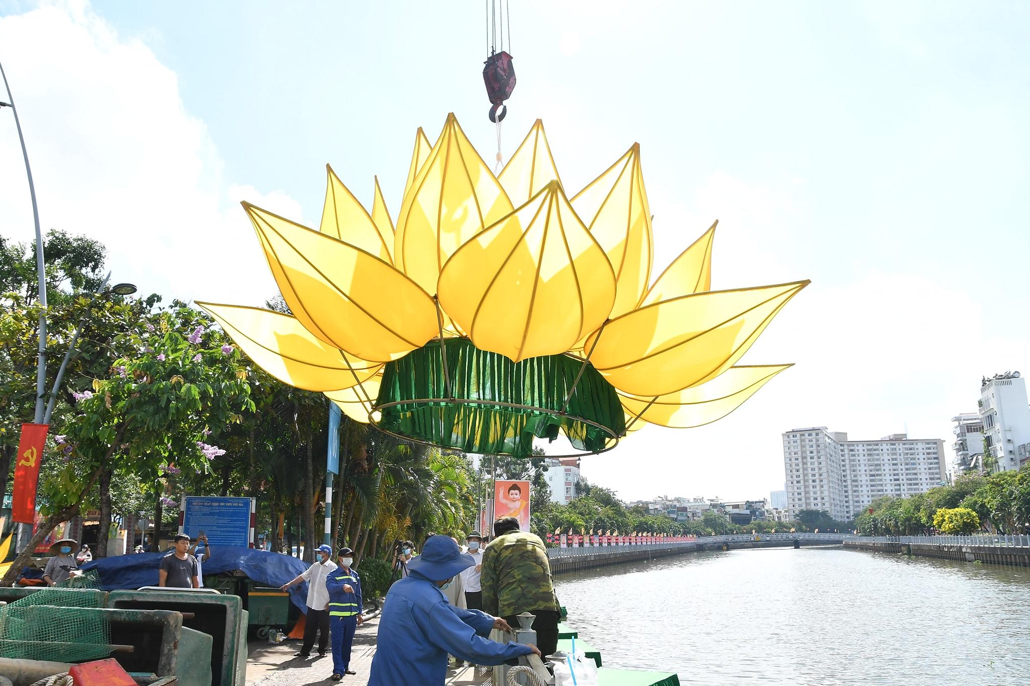 Hoa sen khổng lồ được kỹ thuật viên hạ thủy - Ảnh: QÂTV