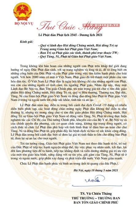 Thư của ông Vũ Chiến Thắng chúc mừng Đại lễ Phật đản Phật lịch 2565