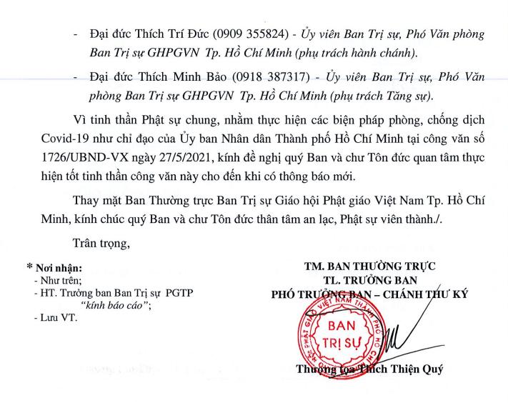Công văn của Ban Thường trực Ban Trị sự GHPGVN TP.HCM ngày 29-5-2021