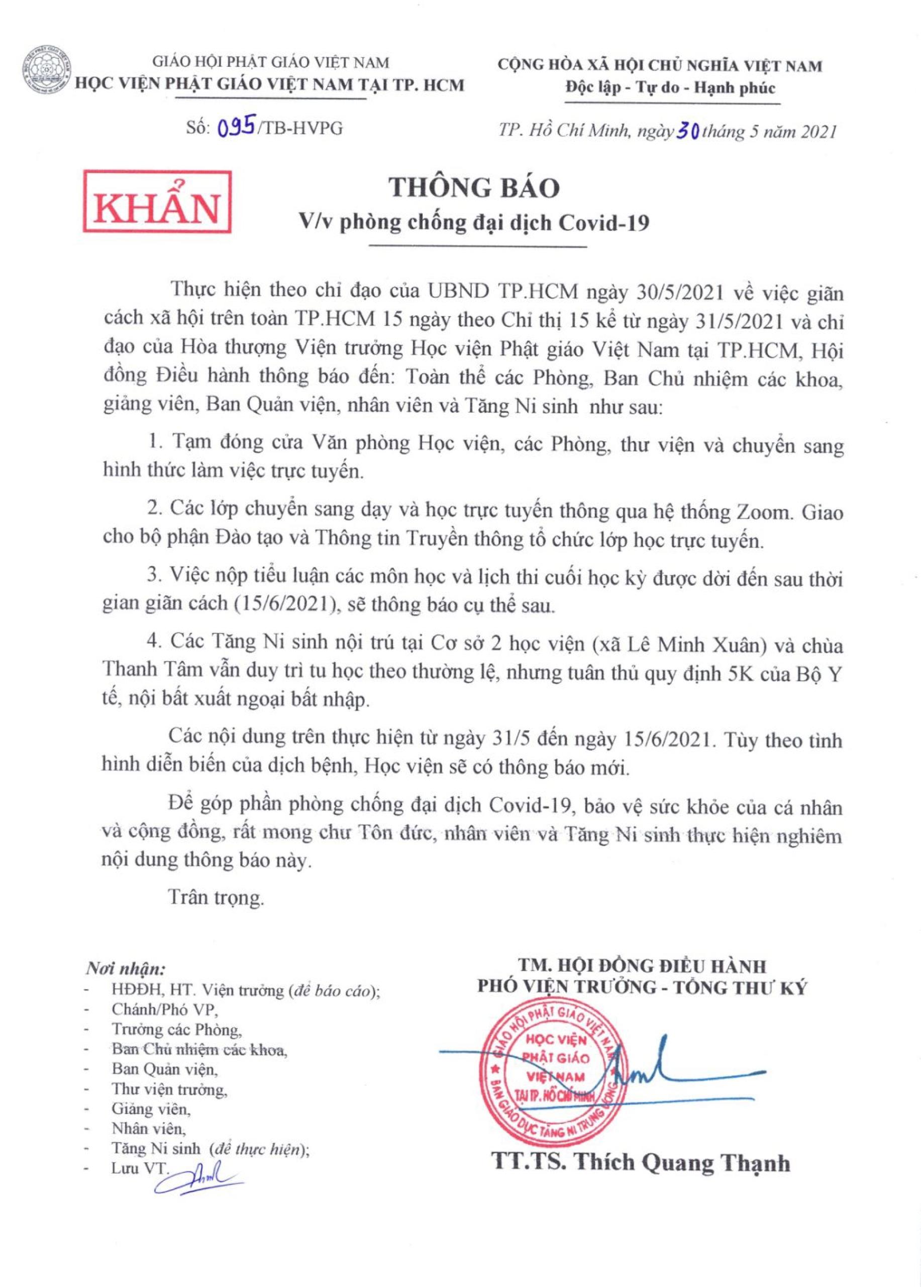 Văn bản của Hội đồng Điều hành Học viện Phật giáo VN tại TP.HCM, ngày 30-5-2021 Văn bản của Hội đồng Điều hành Học viện Phật giáo VN tại TP.HCM, ngày 30-5-2021