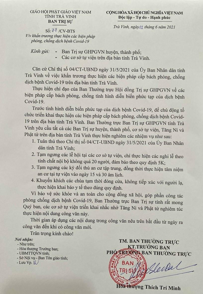 Công văn của Ban Thường trực Ban Trị sự tỉnh Trà Vinh, ngày 1-6-2021 Công văn của Ban Thường trực Ban Trị sự tỉnh Trà Vinh, ngày 1-6-2021