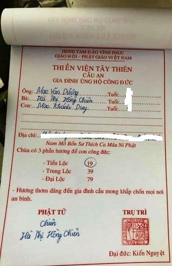Phiếu công đức giả mạo thiền viện Trúc Lâm Tây Thiên để bán hương, cúng dường cầu an, cầu siêu