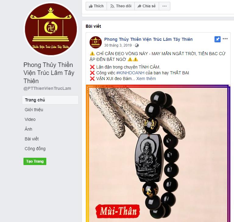 Trang Facebook mạo danh thiền viện Trúc Lâm Tây Thiên để bán vòng phong thủy