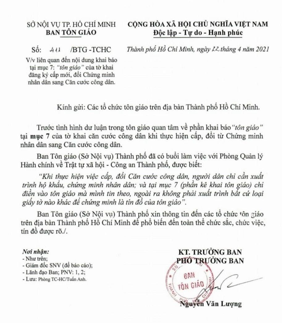 Ảnh bản công văn của Ban Tôn giáo TP.HCM