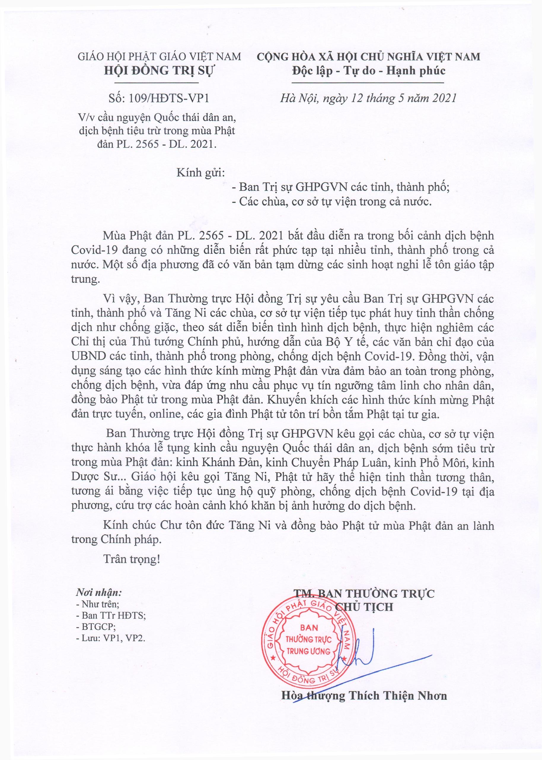 Ảnh bản công văn của Trung ương GHPGVN