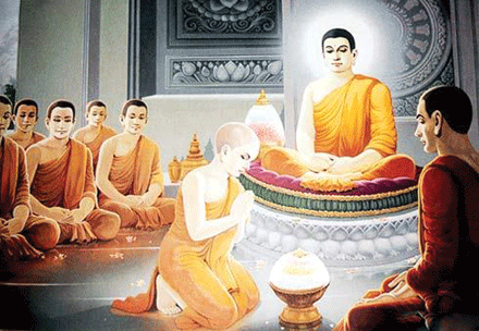 Tôn giả Xá Lợi Phất tế độ cho La Hầu La với sự chứng minh của Thế Tôn và chư Tăng.TranhPG.TL