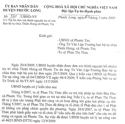 Văn thư 391 của UBND huyện Phước Long là không hợp lý