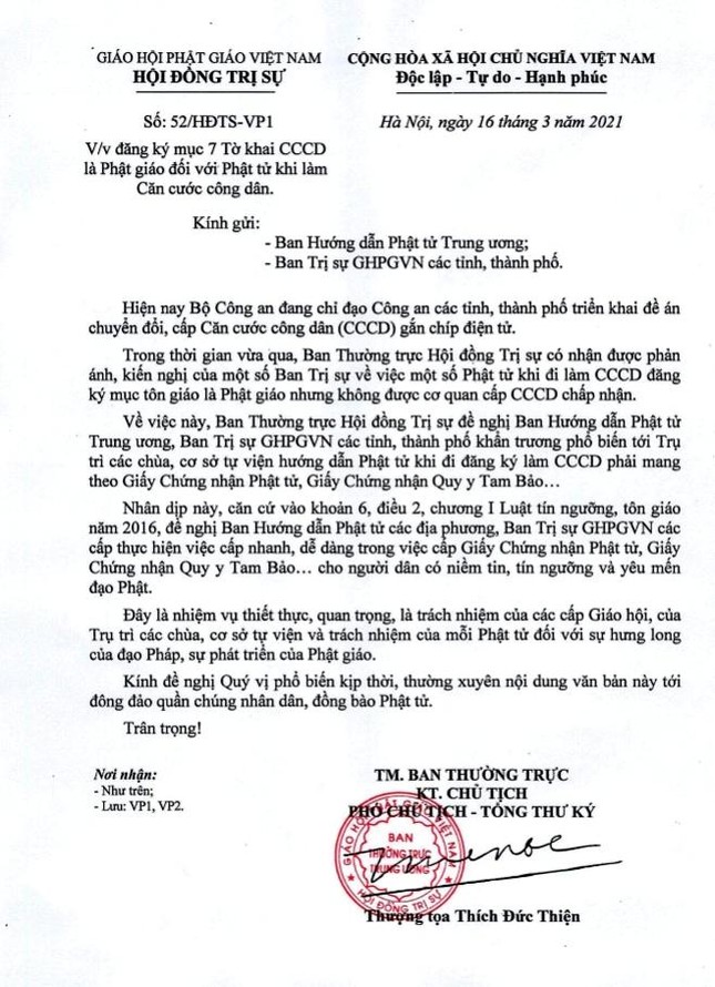 Ảnh bản công văn của Giáo hội