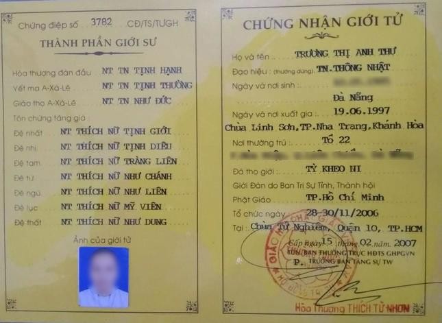 Chứng điệp thọ giới Tỳ-kheo-ni của SC.Thích nữ Thông Nhật - Ảnh: NVCC Chứng điệp thọ giới Tỳ-kheo-ni của SC.Thích nữ Thông Nhật - Ảnh: NVCC