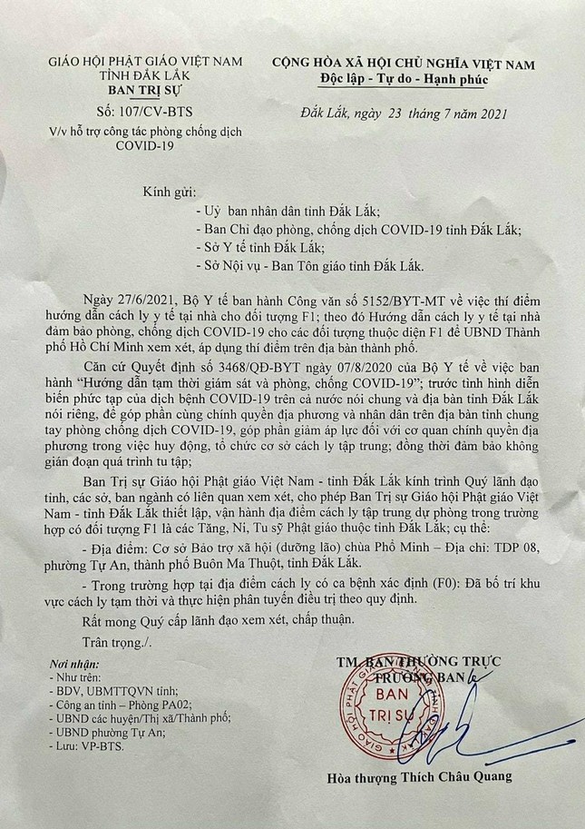 Ảnh bản công văn của Ban Trị sự GHPGVN tỉnh Đắk Lắk