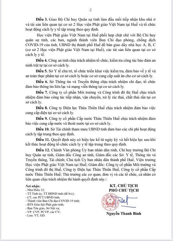 Quyết định của UBND tỉnh Thừa Thiên Huế về việc thành lập trung tâm cách ly y tế ở cơ sở 2 Học viện Phật giáo VN tại Huế