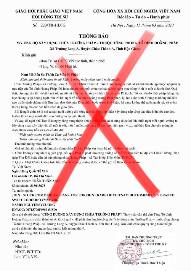 Giả mạo thông báo của Hội đồng Trị sự GHPGVN kêu gọi đóng góp tiền công đức xây &quot;chùa Trường Pháp thuộc tông phong tổ đình Hoằng Pháp&quot; ở tỉnh Hậu Giang.