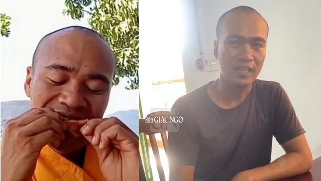 Trần Hoàng Kil trong các video clip 'thầy chùa ăn đùi gà" và con người thật sáng nay 2-2-2024 khi bị cơ quan chức năng triệu tập làm việc - Ảnh: CA cung cấp Trần Hoàng Kil trong các video clip 'thầy chùa ăn đùi gà" và con người thật sáng nay 2-2-2024 khi bị cơ quan chức năng triệu tập làm việc - Ảnh: CA cung cấp