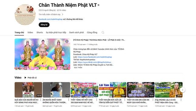 "Chân thành niệm Phật VLT" là kênh YouTube được cho là duy nhất nhưng trên này lại giới thiệu nhiều mạng xã hội khác - Ảnh chụp màn hình sáng 12-6-2024 "Chân thành niệm Phật VLT" là kênh YouTube được cho là duy nhất nhưng trên này lại giới thiệu nhiều mạng xã hội khác - Ảnh chụp màn hình sáng 12-6-2024
