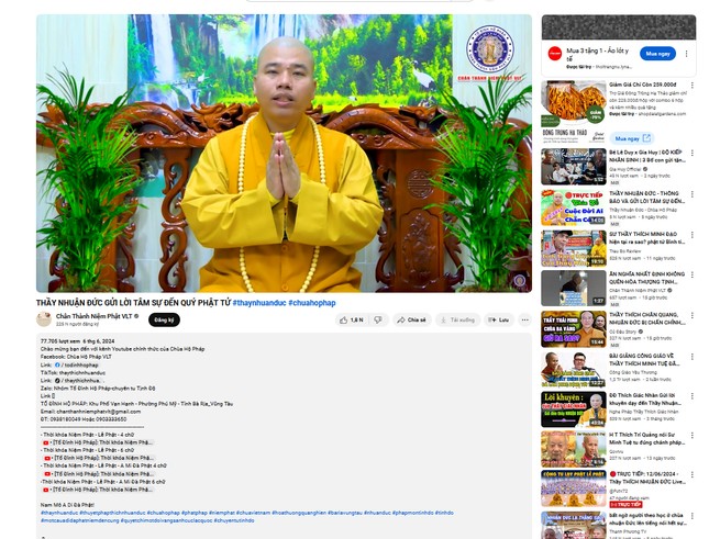 Đại đức Thích Nhuận Đức “có lên mạng một lần để có đôi lời thông báo cùng với Phật tử”, ngày 6-6-2024 - Ảnh chụp màn hình sáng 12-6-2024 Đại đức Thích Nhuận Đức “có lên mạng một lần để có đôi lời thông báo cùng với Phật tử”, ngày 6-6-2024 - Ảnh chụp màn hình sáng 12-6-2024