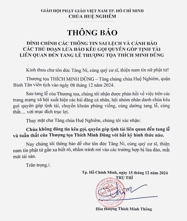 Thông báo từ chùa Huệ Nghiêm do Trưởng lão Hòa thượng Thích Minh Thông ký