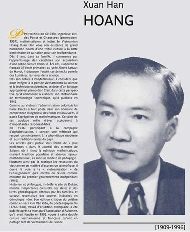 Tiểu sử giáo sư Hoàng Xuân Hãn được gắn trước phòng học ngoại ngữ của Trường Cầu đường Paris (Ponts et Chaussées). Ông được vinh danh là một trong 100 sinh viên tiêu biểu nhất, tên của ông cũng được đặt cho giảng đường đại học của trường - Ảnh: Tư liệu