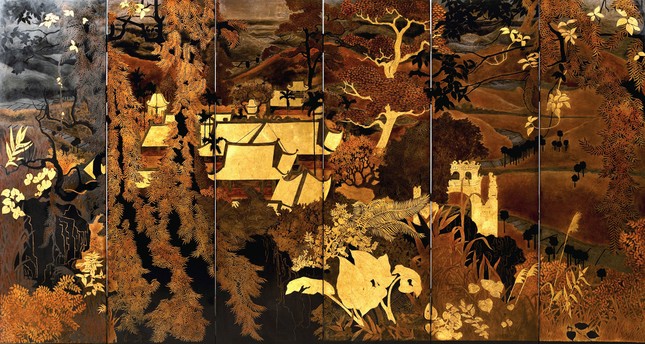 &quot;Cảnh ngôi chùa cổ ở miền Bắc Việt Nam&quot;, sơn mài, Phạm Hậu (1903 - 1995)