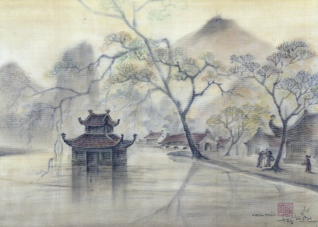 &quot;Chùa Thầy&quot;, màu nước trên lụa, Trần Duy (1920-2014)